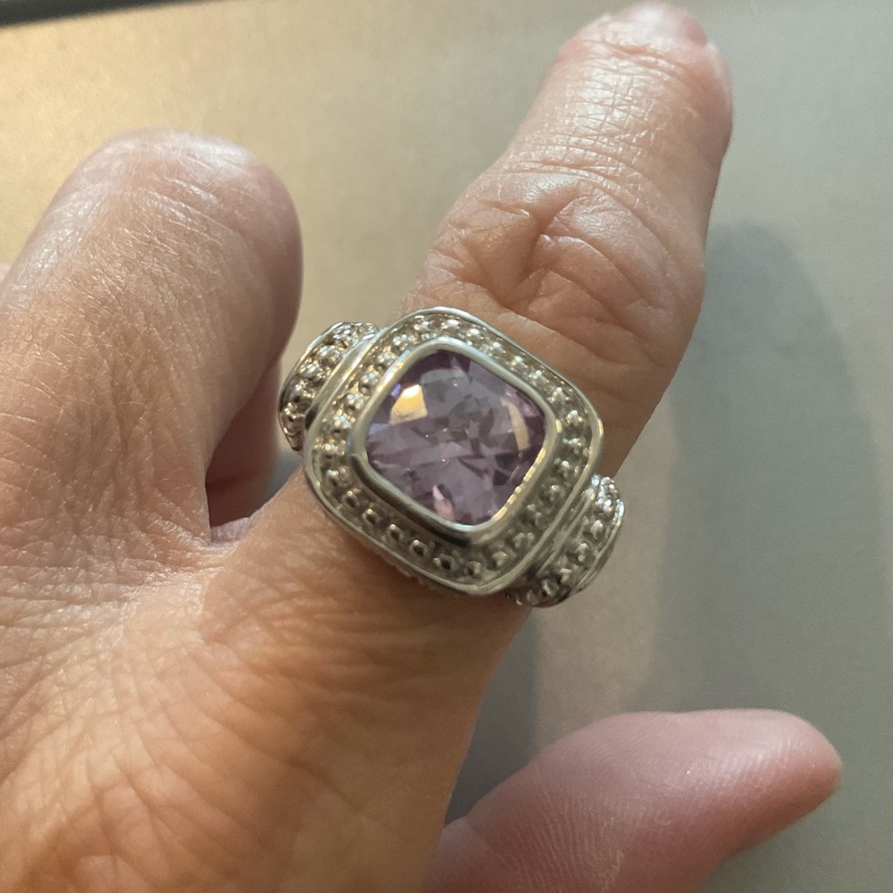 Silver Simulated Amethyst Statement Ring - Size 8… - image 3